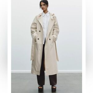 NWT Zara Cream Beige Long Trench Coat - Double Breasted, Scarf Detail Sz S
